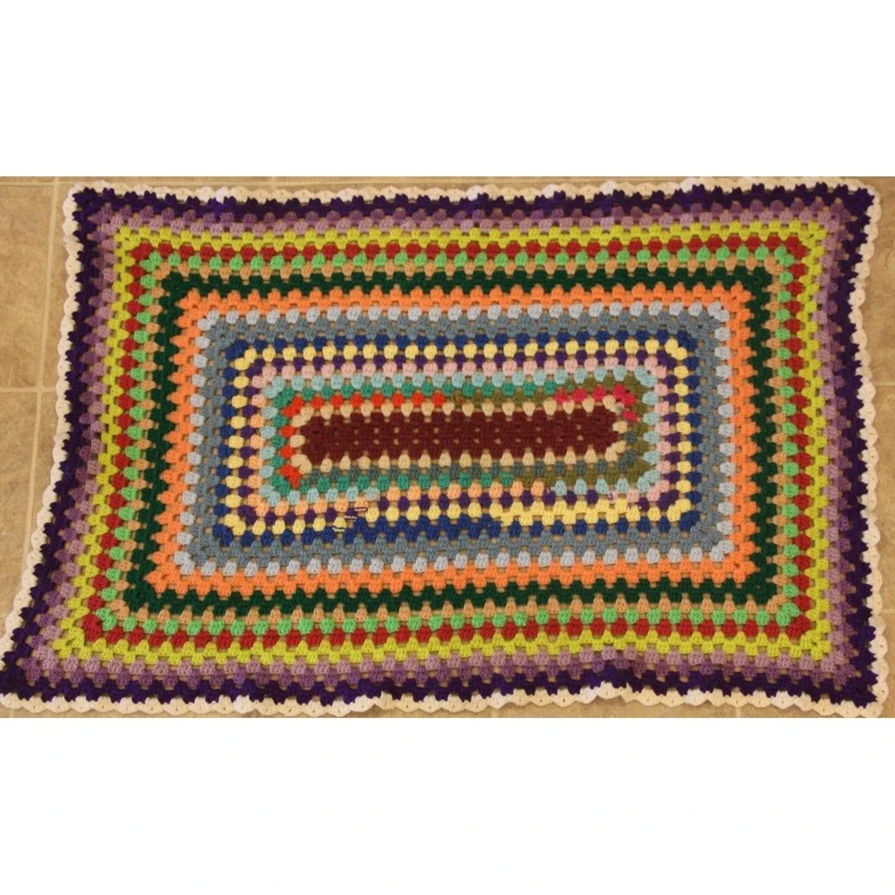 VTG Handmade Crochet Lap Blanket Afghan Rectangle Small Granny Core 29